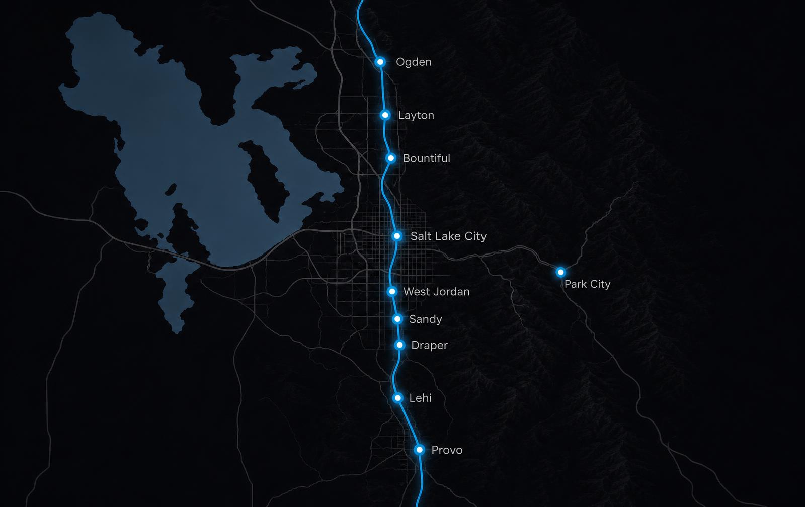 Map of the Wasatch Front service area from Ogden through Salt Lake City to Provo, including Park City